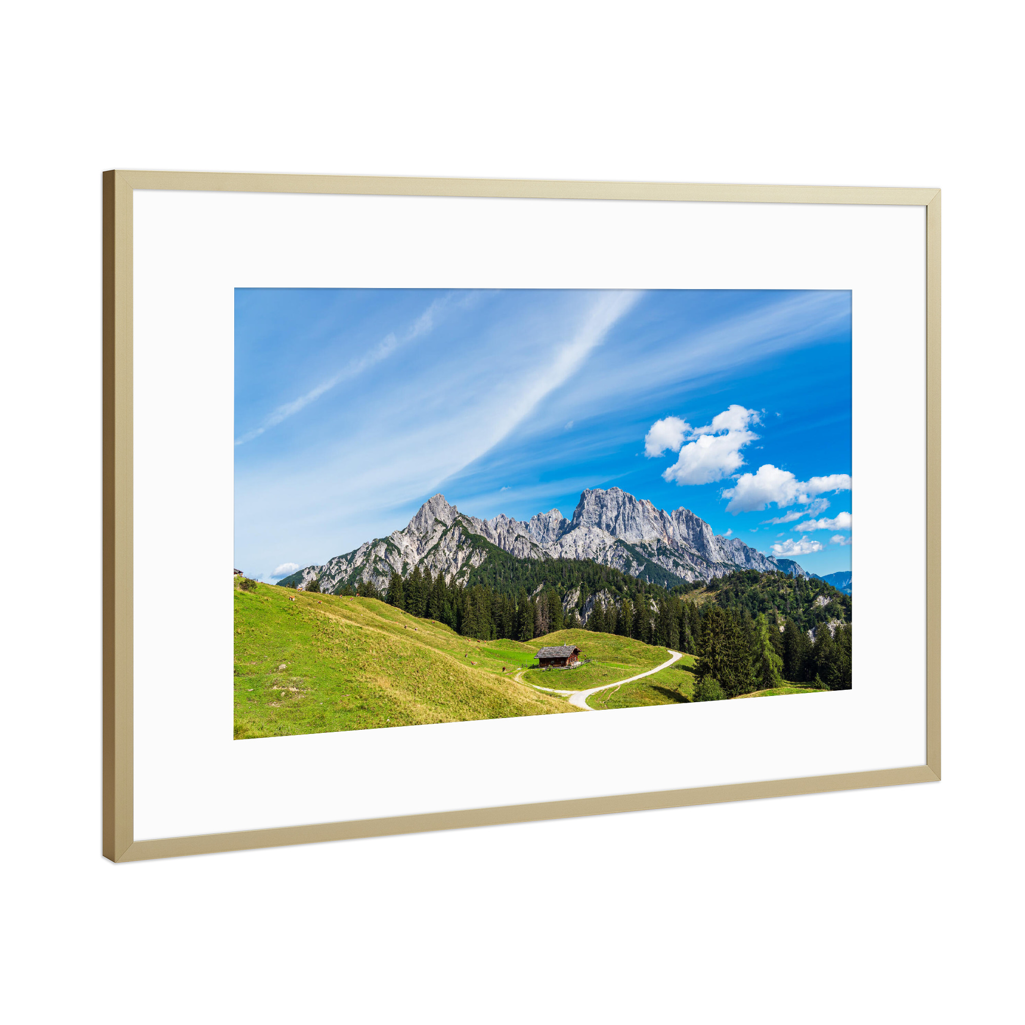 Poster mit Rahmen Gold "Berge, Weg, Alm" artboxONE - Natur,Reise