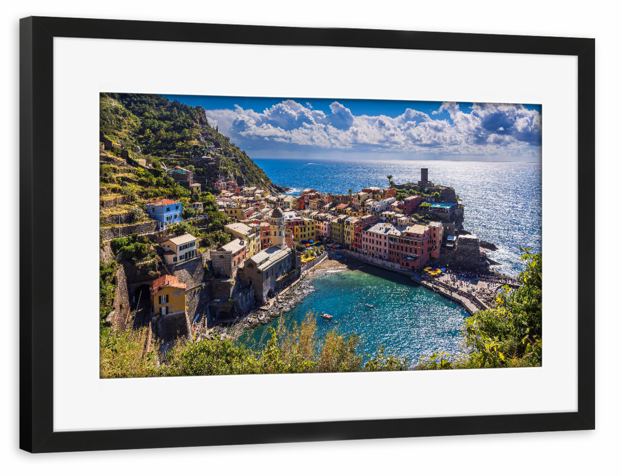 Poster mit Rahmen schwarz "Felsen, Dorf, Hafen" artboxONE - Natur,Reise,Architektur,Reise / Strand und Meer,Reise / Länder