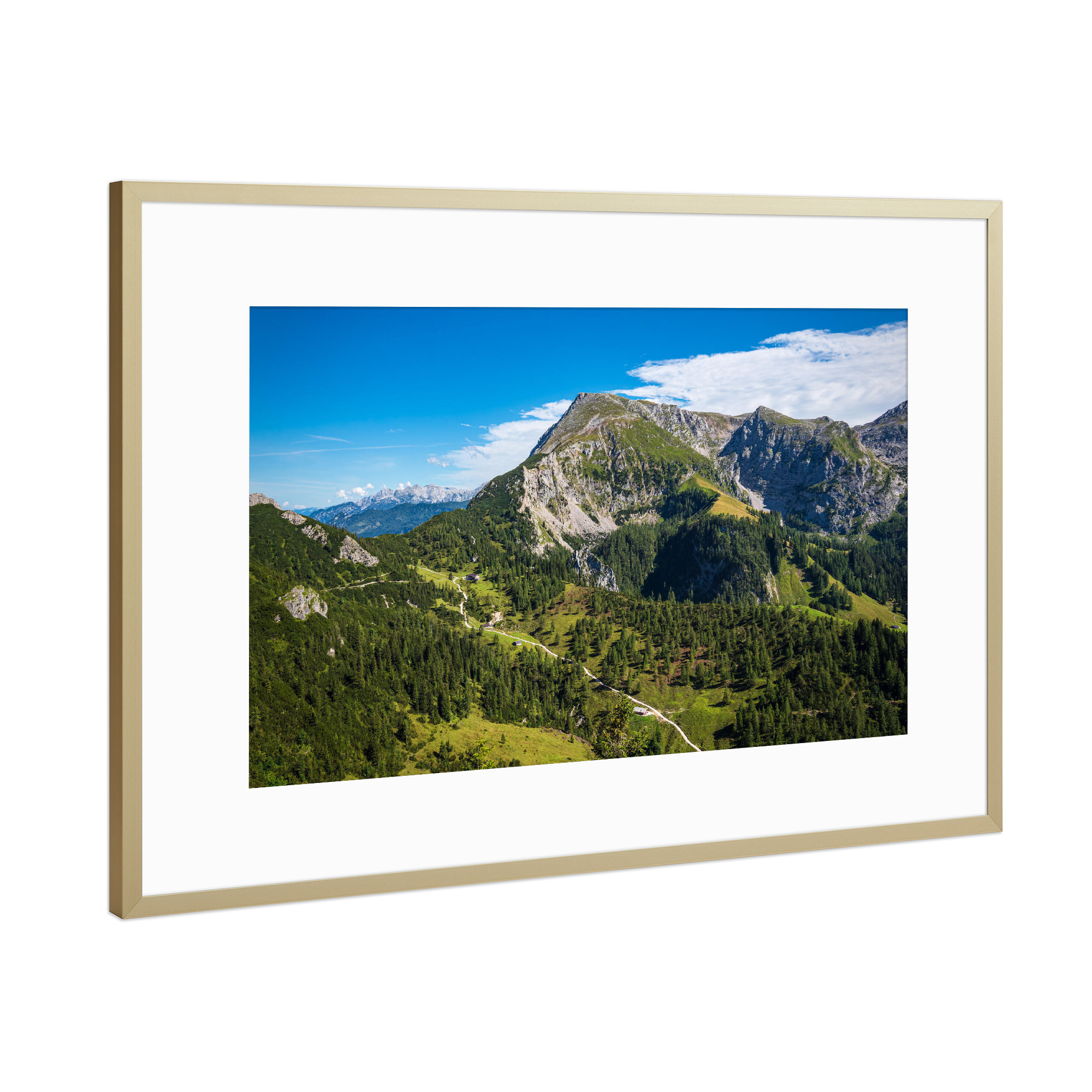 Poster mit Rahmen Gold "Bäume, Berg, Wolken" artboxONE - Natur,Reise