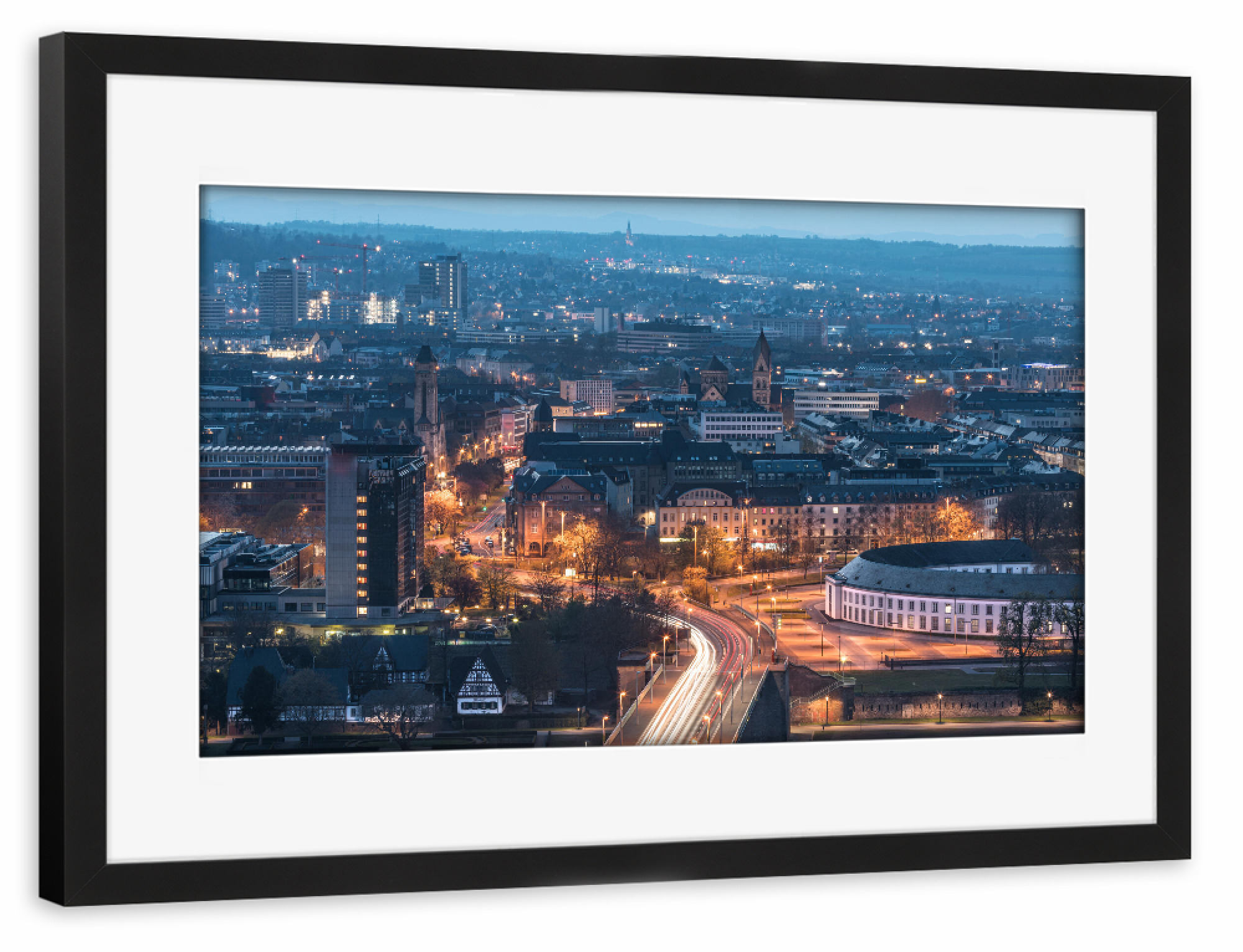 Poster mit Rahmen schwarz "Stadt Koblenz" artboxONE - Städte - Blaue stunde,Nachtfoto,Langzeitbelichtung,Stadtlichter,Rheinland-pfalz,Stadtansicht