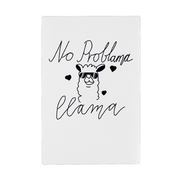 Holzbild "No Problama Llama" artboxONE - Typografie,Tiere - Llama,Tier,Lustig,Spruch,Keine probleme,Schwarzweiß,Minimalistisch,Typo,Typografie,Herzen