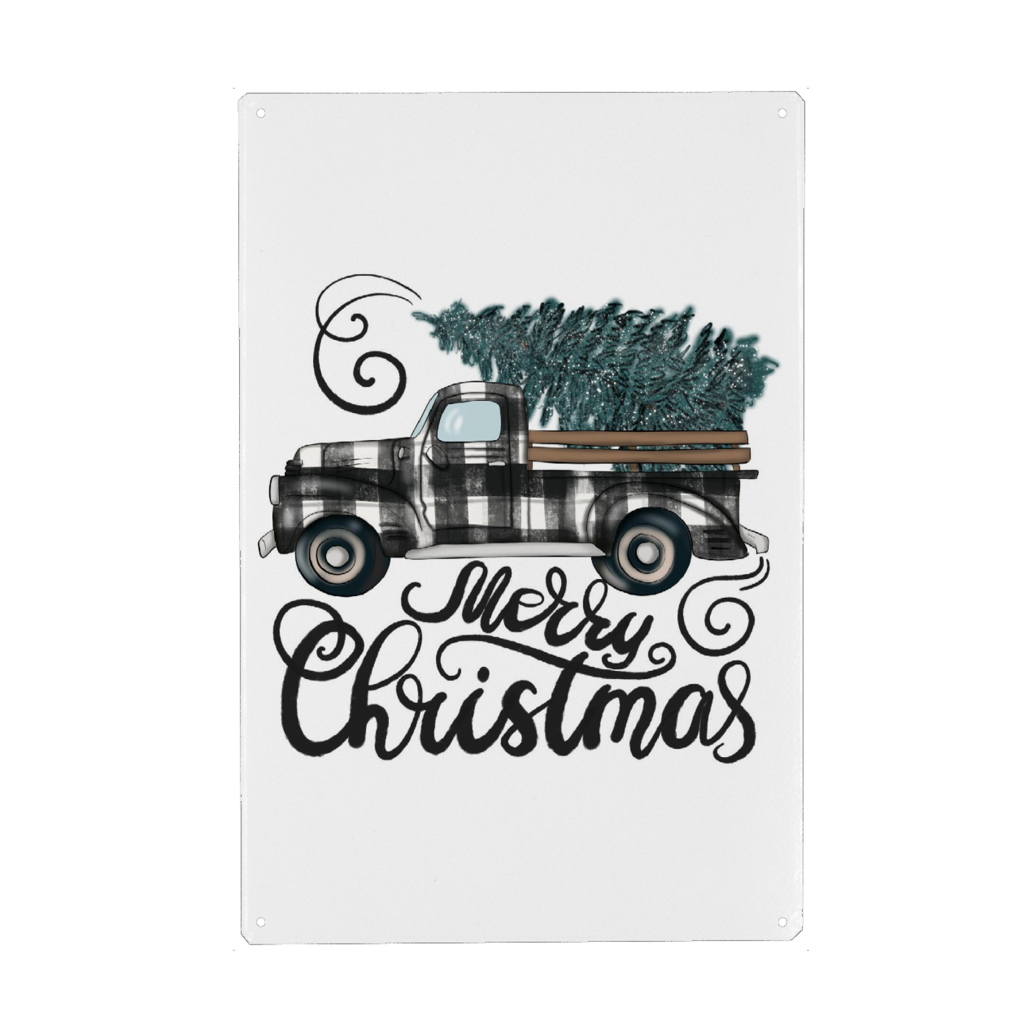 Holzbild "Lkw-Illustration Buffalo Plaid" artboxONE - Natur,Automobile,Weihnachten,Buchstaben,Festivals