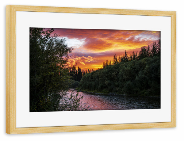 Poster mit Rahmen kiefer "Brennender Himmel" artboxONE - Natur,Reise - Alaska,Abend,Fluss,Abendrot,Himmel,Natur,Landschaft