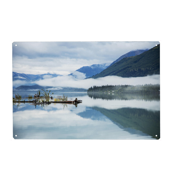 Holzbild "Morgennebel in den Bergen" artboxONE - Natur,Reise - Alaska,See,Nebel,Morgen,Wasser,Berge,Natur,Landschaft