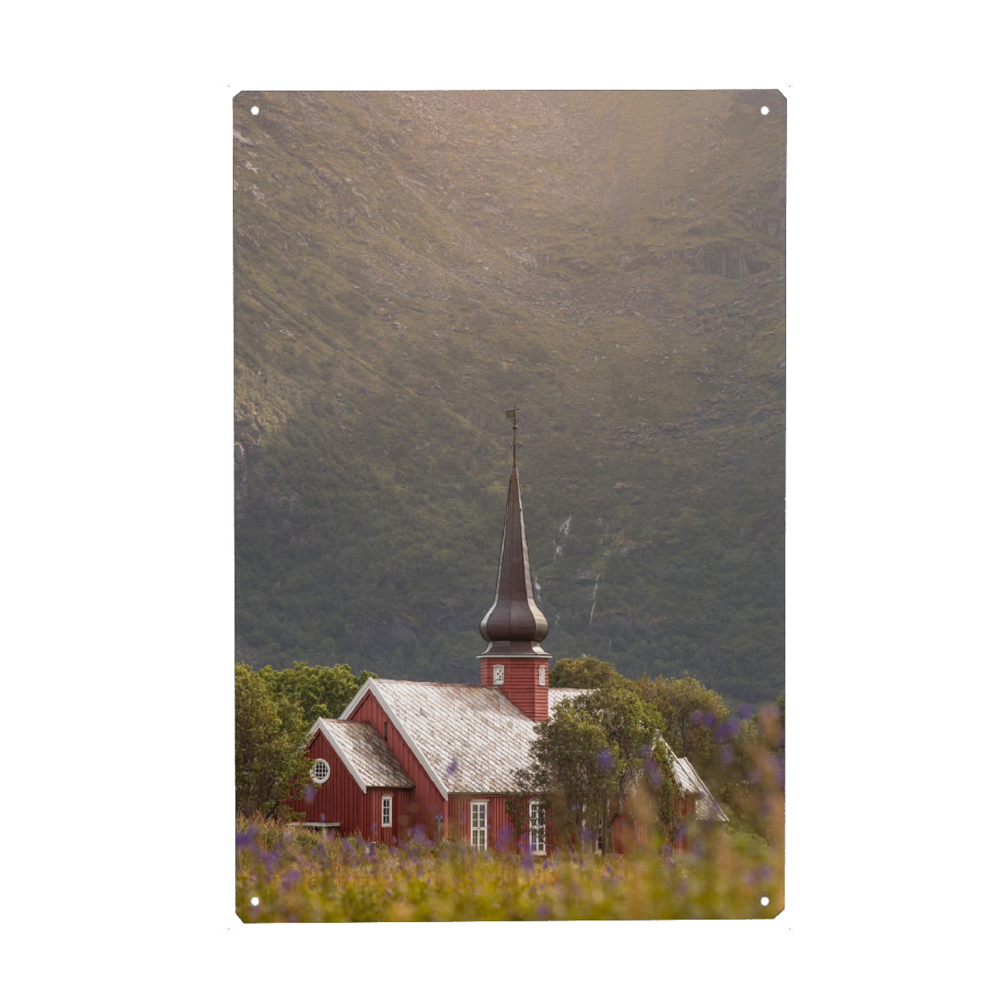 Metall Poster "Flakstad Kirche in der Natur" artboxONE - Natur,Architektur