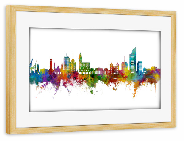 Poster mit Rahmen kiefer "Montevideo-Skyline Uruguay" artboxONE - Städte - Montevideo,Uruguay,Skyline,Stadtbild,Stadtbild,Aquarell,Malerei