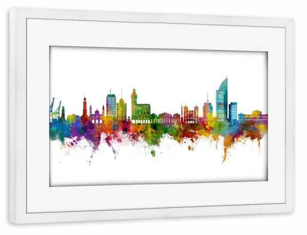 Poster mit Rahmen weiß "Montevideo-Skyline Uruguay" artboxONE - Städte - Montevideo,Uruguay,Skyline,Stadtbild,Stadtbild,Aquarell,Malerei