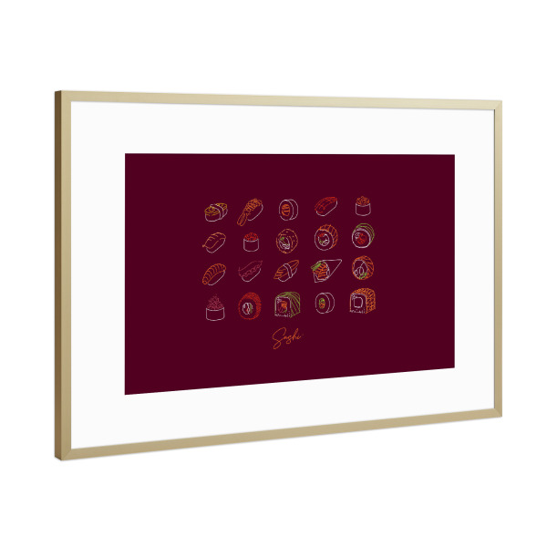 Poster mit Rahmen Gold "Sushi-Set Neon-Stil dunkelrot" artboxONE - Essen & Trinken
