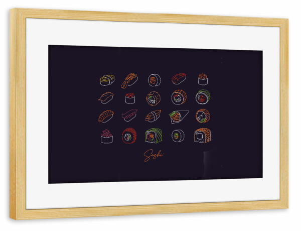 Poster mit Rahmen kiefer "Sushi-Set im Neon-Stil dunkel" artboxONE - Essen & Trinken