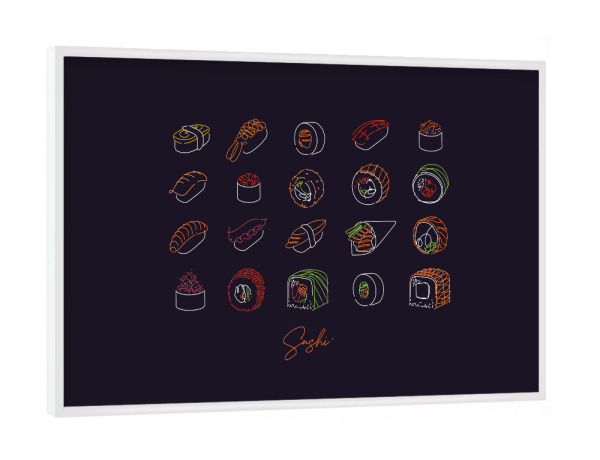 Poster mit weißem Rahmen "Sushi-Set im Neon-Stil dunkel" artboxONE - Essen & Trinken