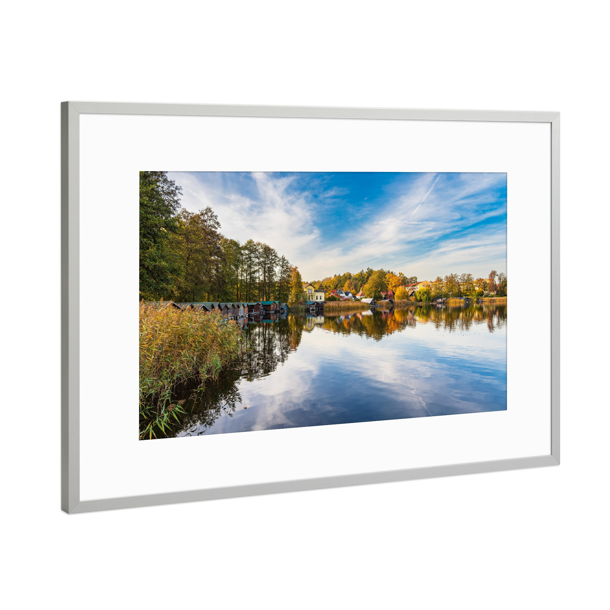 Poster mit Rahmen Silber "Schilf, See, Stadt" artboxONE - Natur,Reise,Architektur