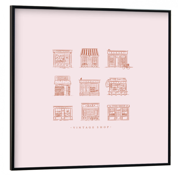 Poster mit schwarzem Rahmen 30x30 cm "Vintage-Läden rosa" artboxONE - Essen & Trinken,Essen & Trinken / Alkohol,Essen & Trinken / Obst & Gemüse