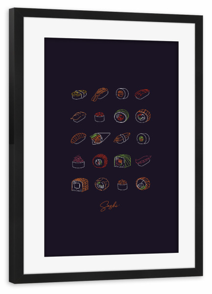 Poster mit Rahmen schwarz "Sushi-Typ Set-Linienstilfarbe" artboxONE - Essen & Trinken