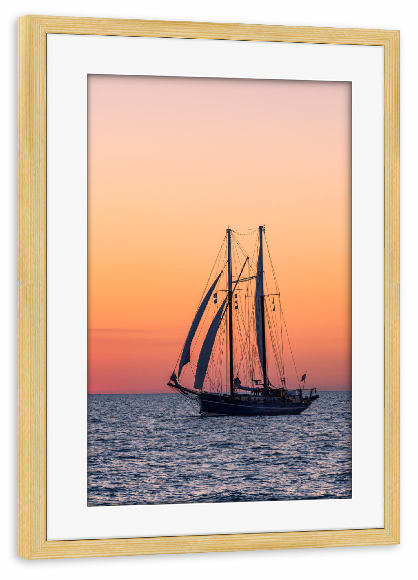 Poster mit Rahmen kiefer "Sonnenuntergang, Meer, Windjammer" artboxONE - Natur,Reise,Reise / Strand und Meer