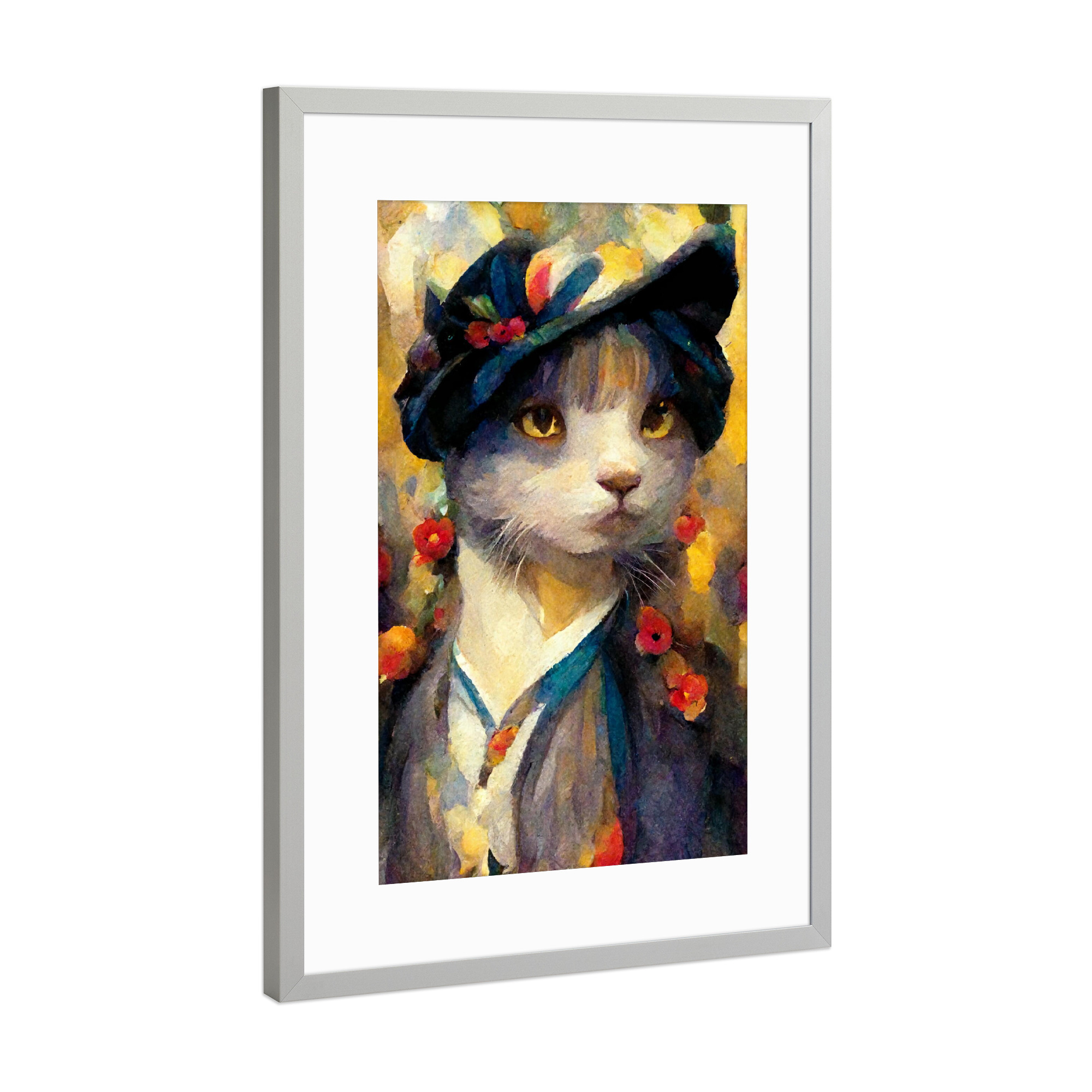 Poster mit Rahmen Silber "Katze mit Stil" artboxONE - Für Kinder,Tiere,Fashion