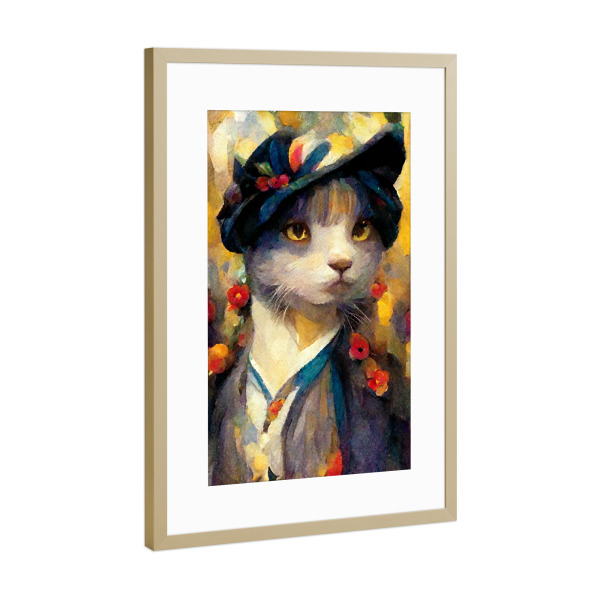 Poster mit Rahmen Gold "Katze mit Stil" artboxONE - Für Kinder,Tiere,Fashion