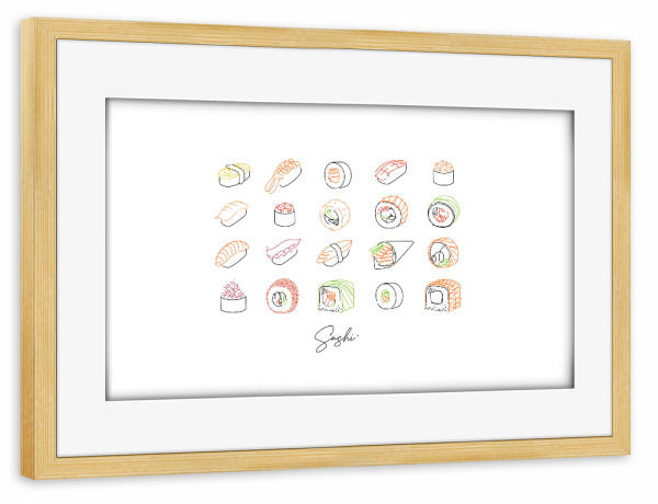 Poster mit Rahmen kiefer "Sushi-Set Neon-Stil weiß" artboxONE - Essen & Trinken