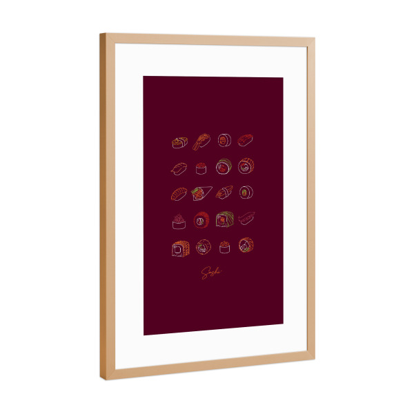 Poster mit Rahmen Kupfer "Sushi Set Linienstil Farbe rot" artboxONE - Essen & Trinken