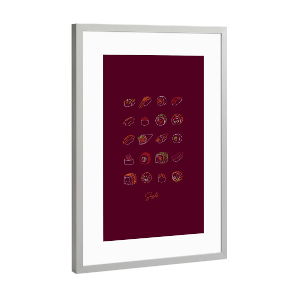 Poster mit Rahmen Silber "Sushi Set Linienstil Farbe rot" artboxONE - Essen & Trinken