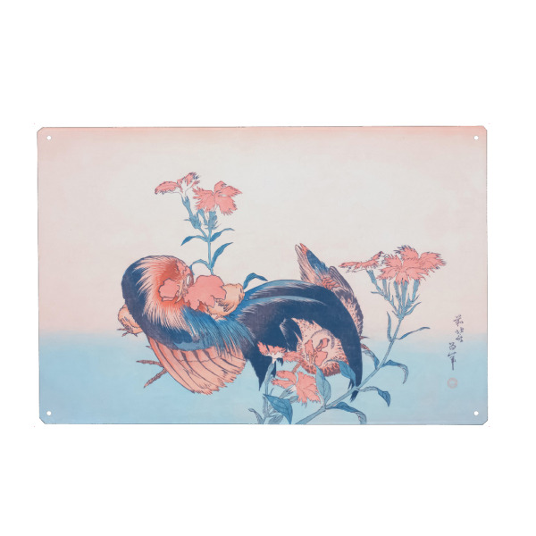 Metall Poster "Cock, Hen, and Nadeshiko" artboxONE - Reise,Floral,Tiere,Reise / Asien,Reise / Länder