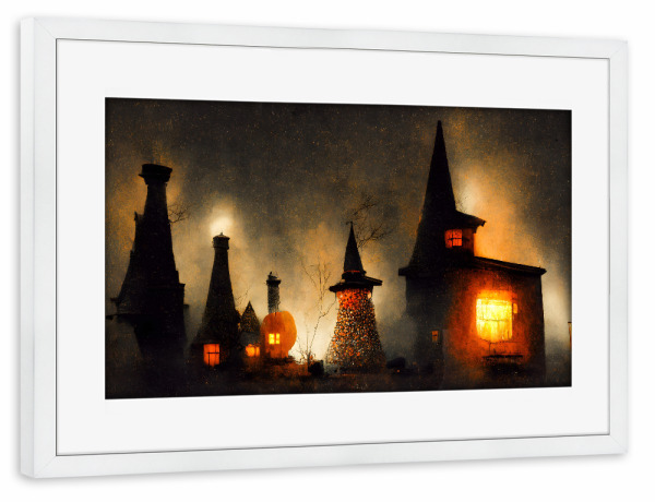 Poster mit Rahmen weiß "Spooky Village" artboxONE - Für Kinder,Abstrakt - Spooky,Dorf,Halloween,Lustig,Nacht,Hexe,Hexenhaus,Grusel,Treechild