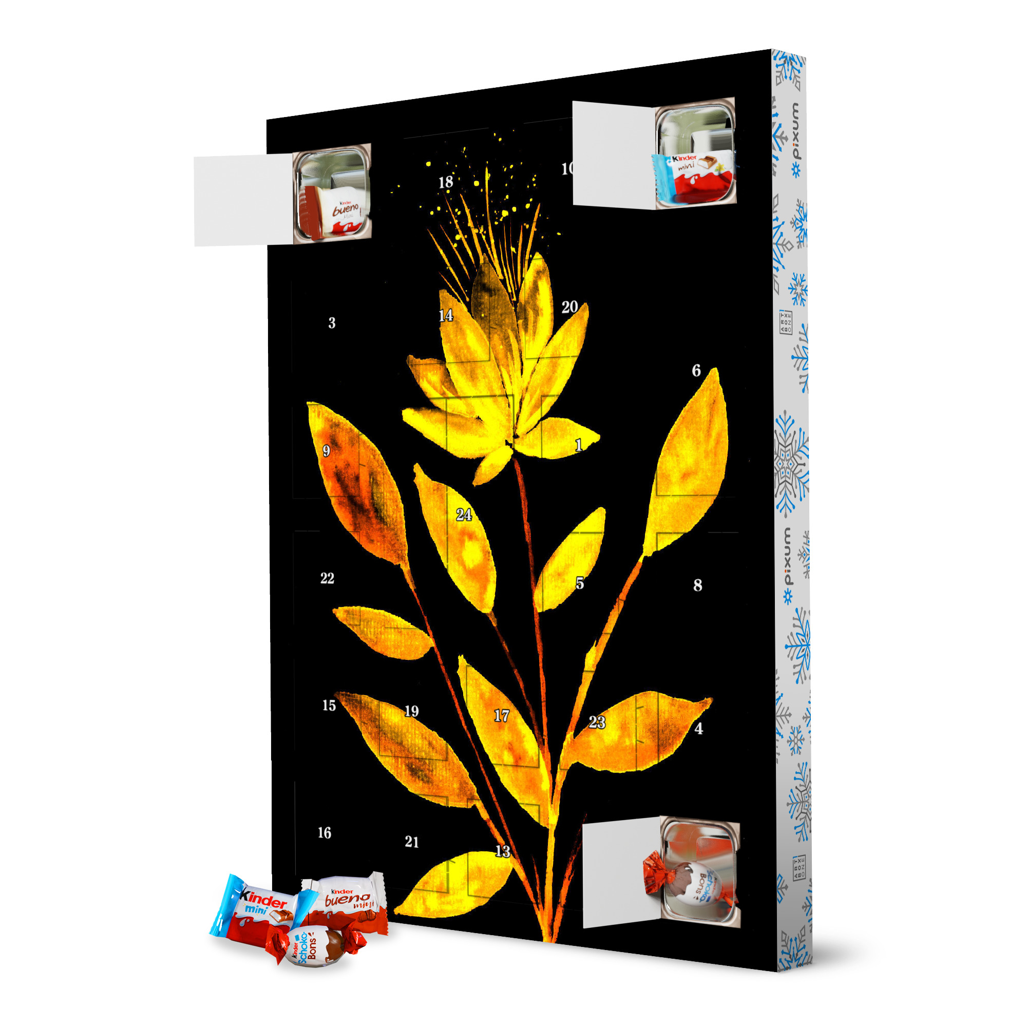 Adventskalender XXL mit Produkten von Kinder Goldene Feuer Blumen artboxONE Adventskalender Floral