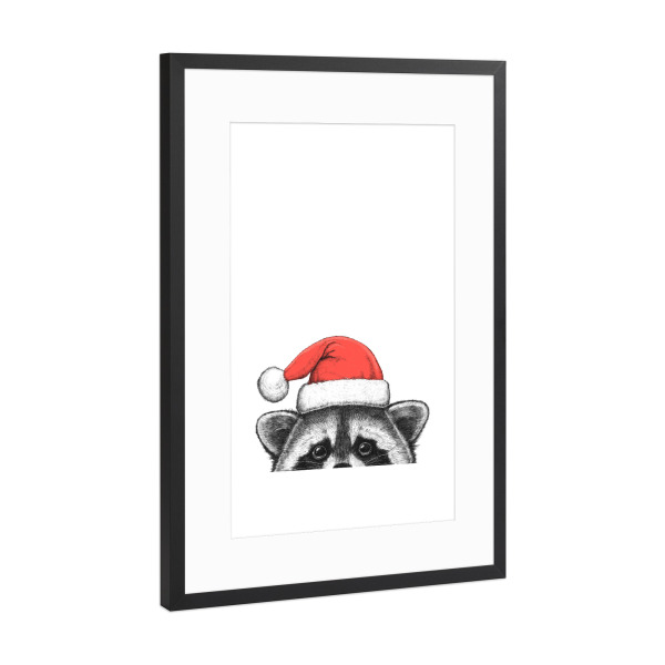 Poster mit Rahmen Schwarz (Metallic) "Waschbär in Weihnachtsmütze" artboxONE - Tiere,Weihnachten