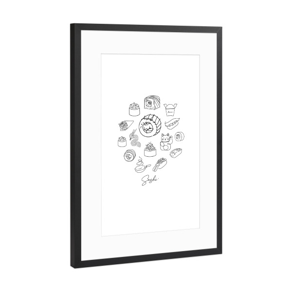Poster mit Rahmen Schwarz (Metallic) "Sushi-Illustration weiß" artboxONE - Essen & Trinken