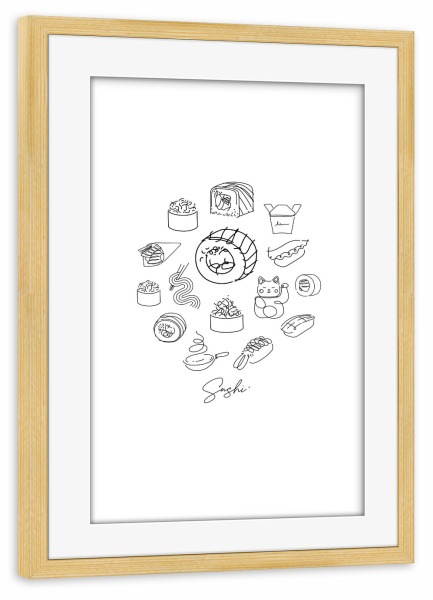 Poster mit Rahmen kiefer "Sushi-Illustration weiß" artboxONE - Essen & Trinken