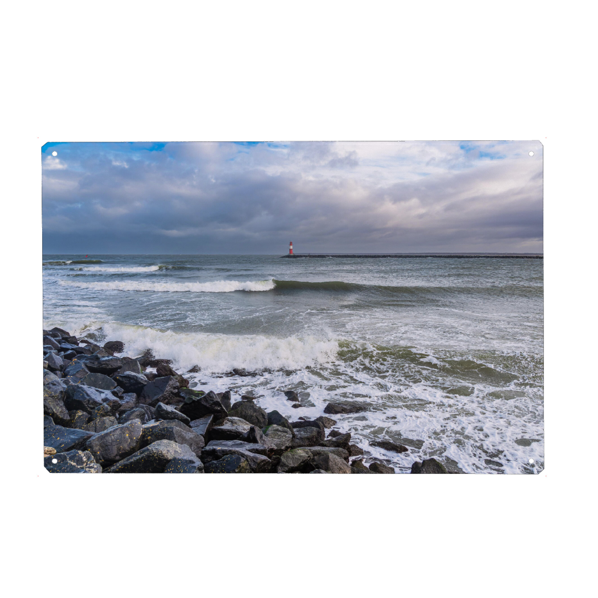 Metall Poster "Wolken, Molenturm, Wellen, Steine" artboxONE - Natur,Reise,Architektur,Reise / Strand und Meer