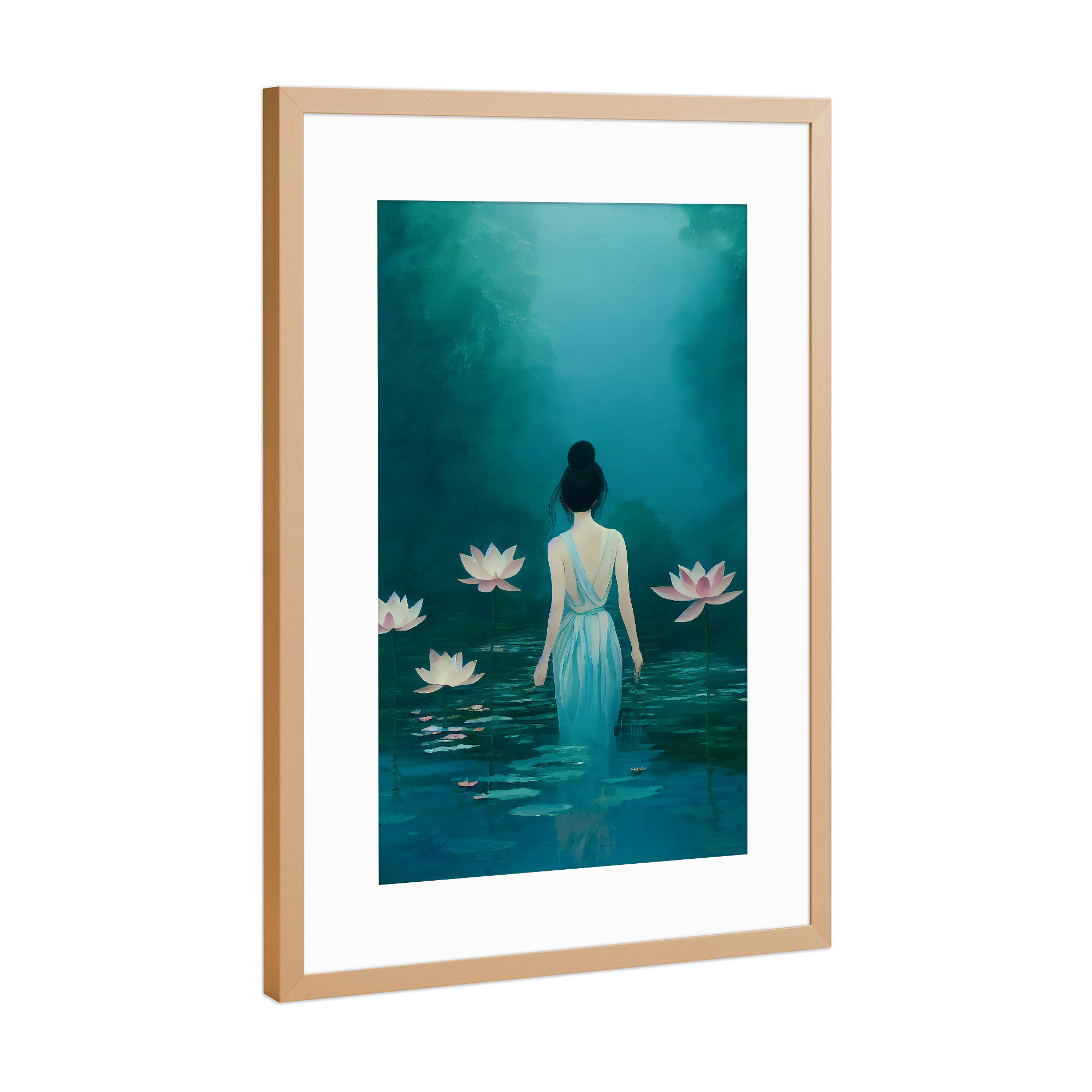 Poster mit Rahmen Kupfer "In The Pond" artboxONE - Natur,Menschen - Frau,Frauen,Portrait,Kleid,Teich,Wasser,Meer,Seerosen,Körper,Türkis,Blau,Dutt,See