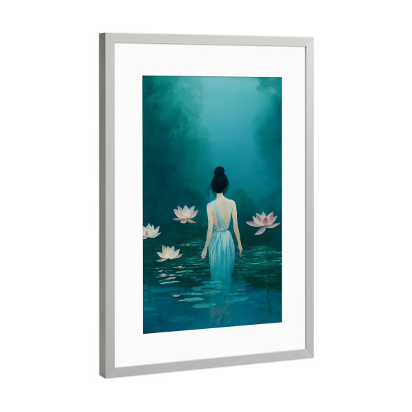 Poster mit Rahmen Silber "In The Pond" artboxONE - Natur,Menschen - Frau,Frauen,Portrait,Kleid,Teich,Wasser,Meer,Seerosen,Körper,Türkis,Blau,Dutt,See