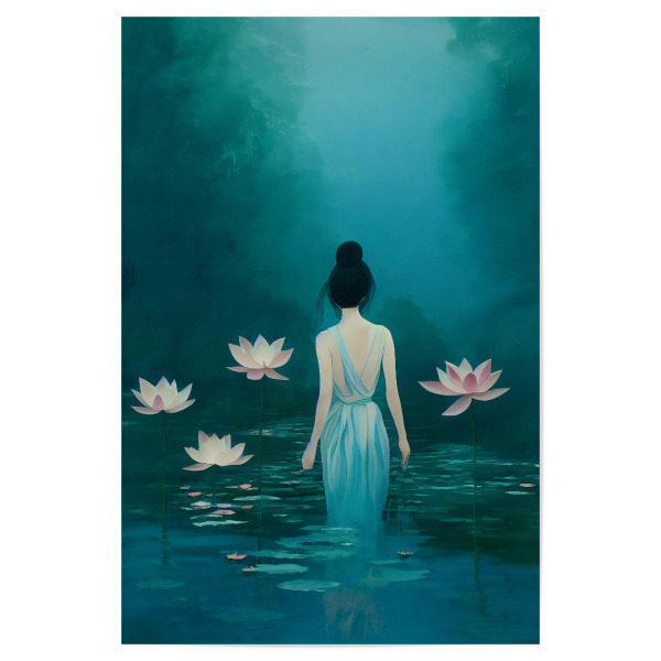 Poster "In The Pond" artboxONE - Natur,Menschen - Frau,Frauen,Portrait,Kleid,Teich,Wasser,Meer,Seerosen,Körper,Türkis,Blau,Dutt,See