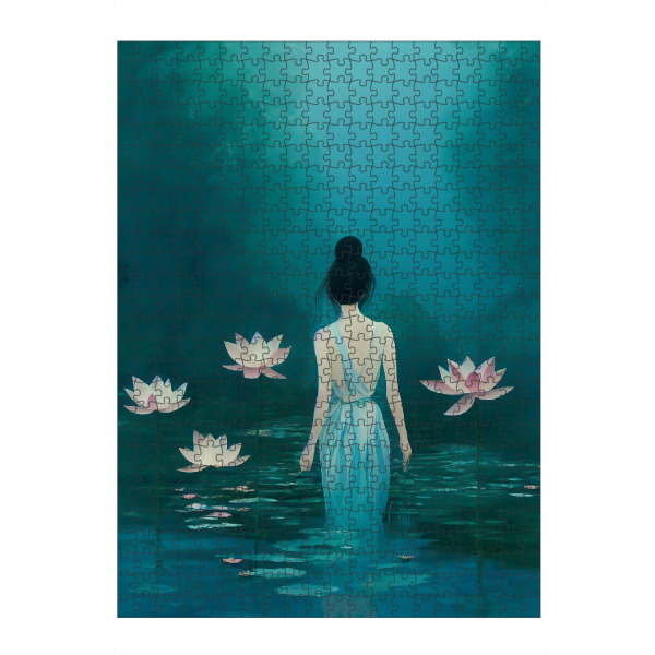 Puzzle Ravensburger "In The Pond" artboxONE - Natur,Menschen - Frau,Frauen,Portrait,Kleid,Teich,Wasser,Meer,Seerosen,Körper,Türkis,Blau,Dutt,See