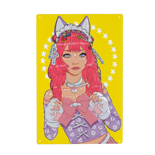 Metall Poster "Kawaii-Mädchen" artboxONE - Comic,Städte / Tokio - Japan,Manga,Japanisch,Otaku,Cosplay,Waifu,Frau,Katze,Kätzchen,Stern,Süß,Rassel,Tokio