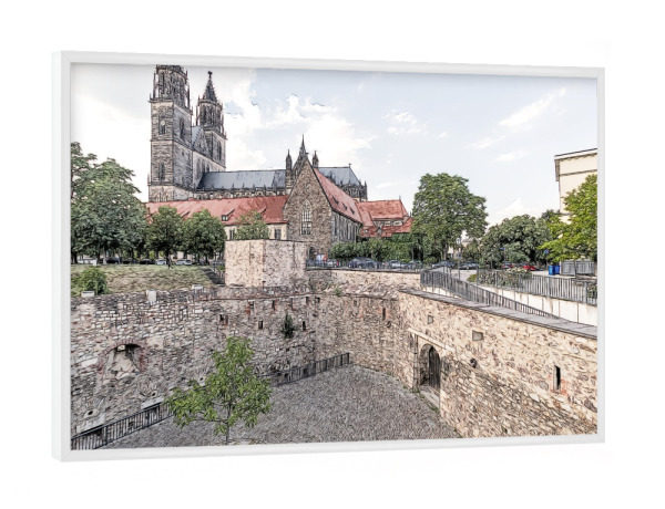 Poster mit weißem Rahmen "Magdeburger Dom mit Festungsanlage" artboxONE - Architektur,Buchstaben / M - Magdeburg,Magdeburger dom,Dom,Festung