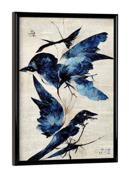 Poster mit schwarzem Rahmen "Blue Birds" artboxONE - Tiere,Abstrakt - Vogel,Vögel,Bird,Japan,Kunst,Abstrakt,Pinselstrich,Dekorativ,Beige,Treechild