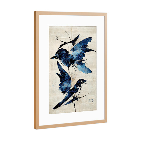 Poster mit Rahmen Kupfer "Blue Birds" artboxONE - Tiere,Abstrakt - Vogel,Vögel,Bird,Japan,Kunst,Abstrakt,Pinselstrich,Dekorativ,Beige,Treechild