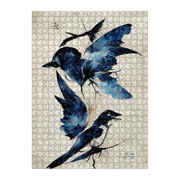 Puzzle Ravensburger "Blue Birds" artboxONE - Tiere,Abstrakt - Vogel,Vögel,Bird,Japan,Kunst,Abstrakt,Pinselstrich,Dekorativ,Beige,Treechild