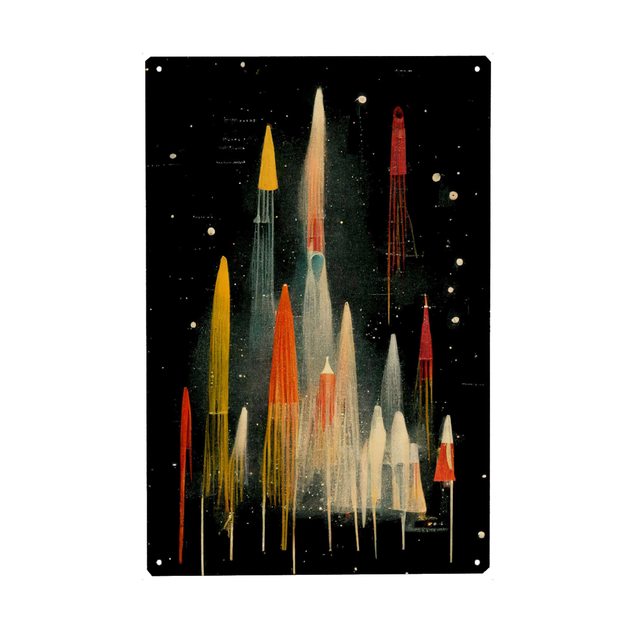 Metall Poster "Rockets" artboxONE - Für Kinder,Abstrakt,Fiktion,Für Papa,Galaxy - Raketen,Weltall,Start,Feuerwek,Bunt,Cool,Sterne,Treechild