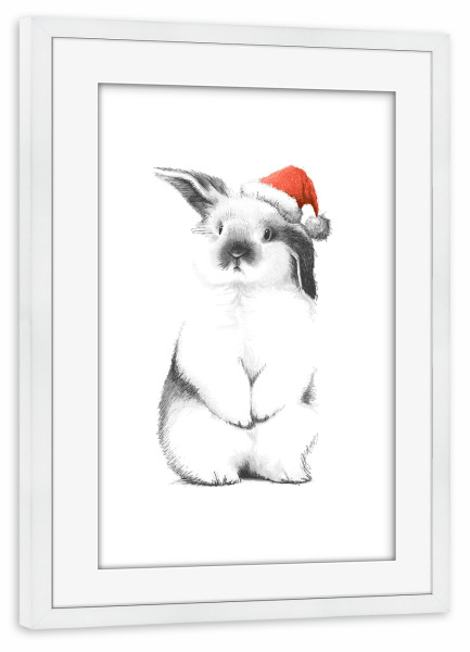 Poster mit Rahmen weiß "Kaninchen in einem Sankt-Hut" artboxONE - Tiere,Weihnachten
