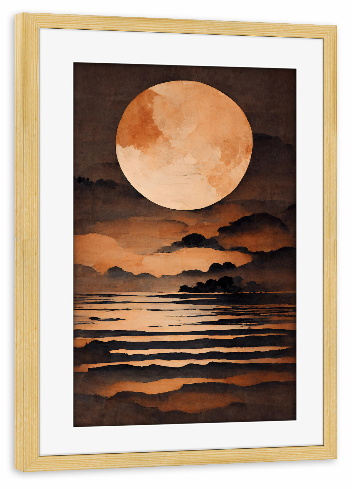Poster mit Rahmen kiefer "Full Moon Over Sea" artboxONE - Natur,Abstrakt - Natur,Mond,Vollmond,Beige,Braun,See,Meer,Wasser,Nacht,Wolken,Treechild
