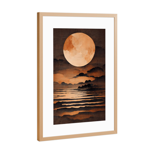 Poster mit Rahmen Kupfer "Full Moon Over Sea" artboxONE - Natur,Abstrakt - Natur,Mond,Vollmond,Beige,Braun,See,Meer,Wasser,Nacht,Wolken,Treechild