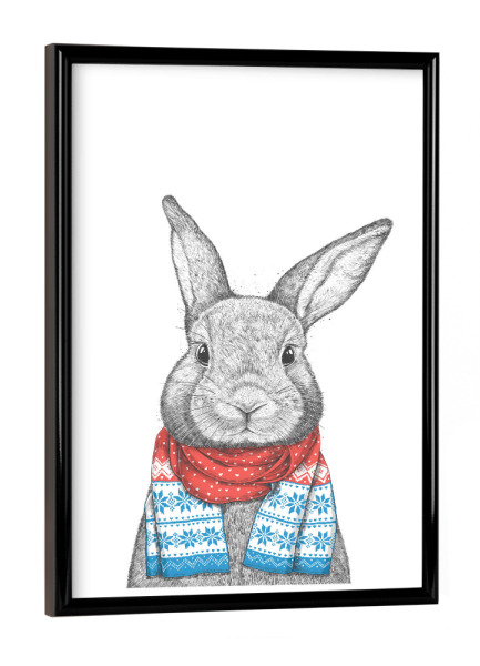 Poster mit schwarzem Rahmen "Kaninchen mit Schal" artboxONE - Tiere,Weihnachten,Lustig