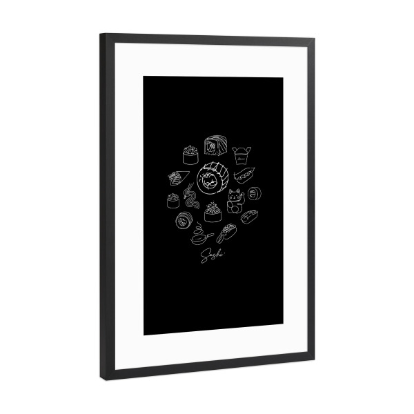Poster mit Rahmen Schwarz (Metallic) "Sushi-Illustration schwarz" artboxONE - Essen & Trinken