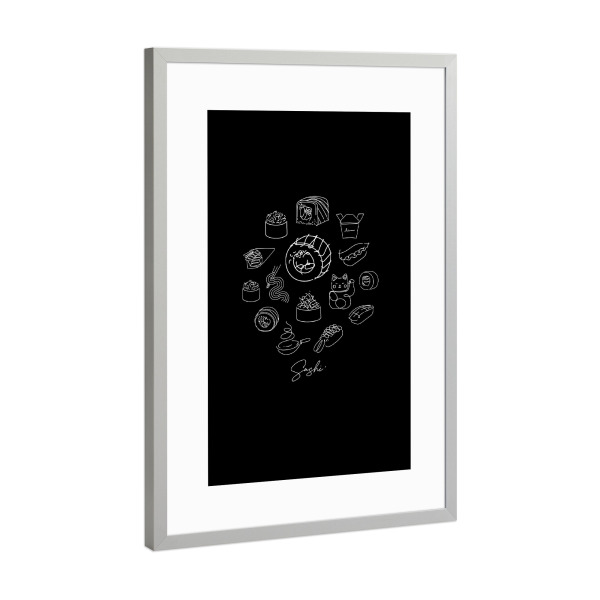 Poster mit Rahmen Silber "Sushi-Illustration schwarz" artboxONE - Essen & Trinken