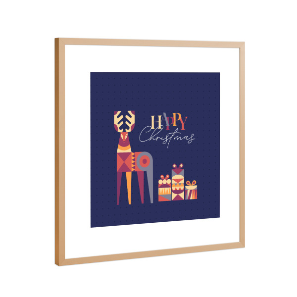 Poster mit Rahmen Kupfer "Hirsch und Geschenk blau" artboxONE - Weihnachten