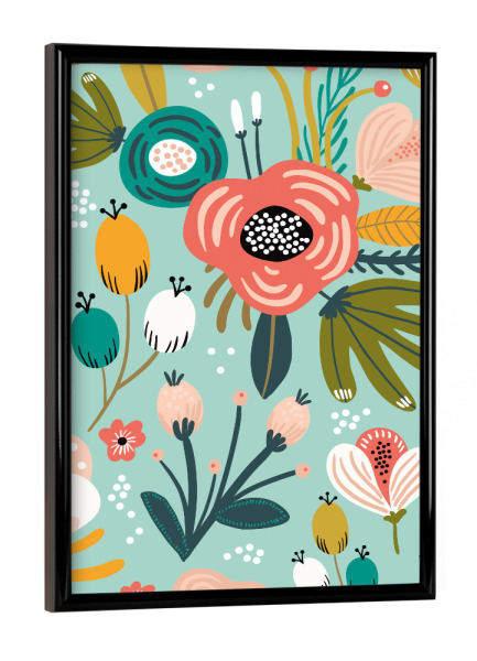 Poster mit schwarzem Rahmen "Buntes Blumiges Muster" artboxONE - Floral,Abstrakt - Blumen,Muster,Abstrakt,Floral,Pflanzen,Botanisch