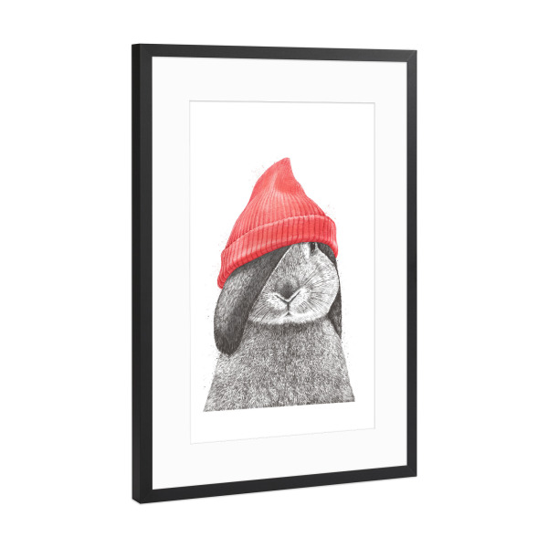 Poster mit Rahmen Schwarz (Metallic) "Kaninchen in einem roten Hut" artboxONE - Tiere,Lustig