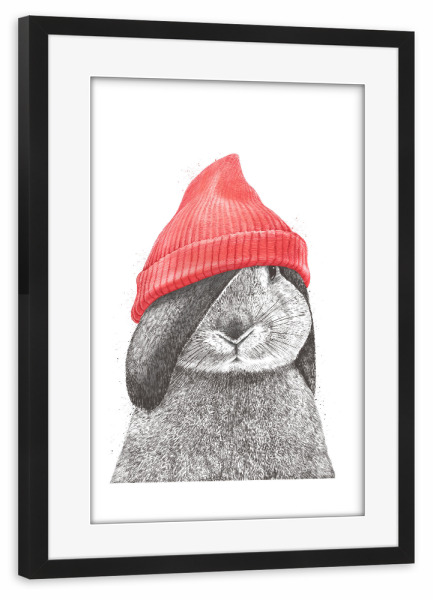 Poster mit Rahmen schwarz "Kaninchen in einem roten Hut" artboxONE - Tiere,Lustig
